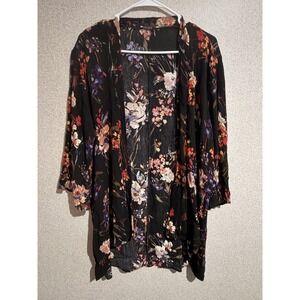 Pink Clover Women Black Floral Kimono Cardigan Open Front 3/4 Sleeve RayonMedium